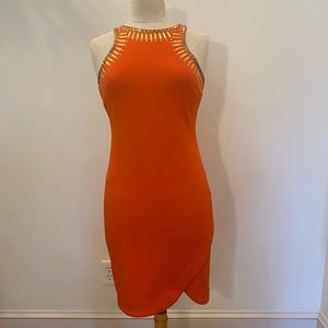 Thalia Soda Womens Orange Sleeveless Dress w/ Gold Studs and Embellishments